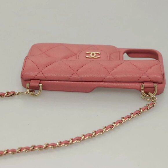 CHANEL Matelasse Chain iPhone Case Lamb Skin Pink CC Auth PP819 - Picture 10 of 15